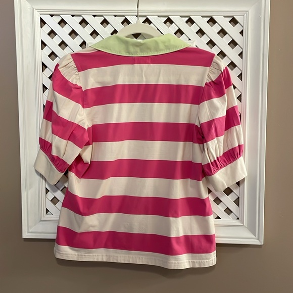 EUC Maeve Anthro puff sleeve pink stripe polo preppy 80s vibe size medium - Picture 6 of 8